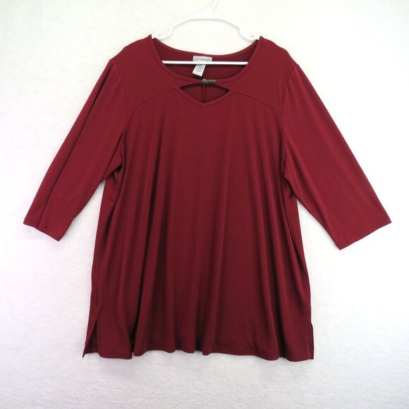 Catherines Shirt Womens Size 1X Red 3/4 Sleeve Tunic Top V Neck Embellished - Picture 1 of 8